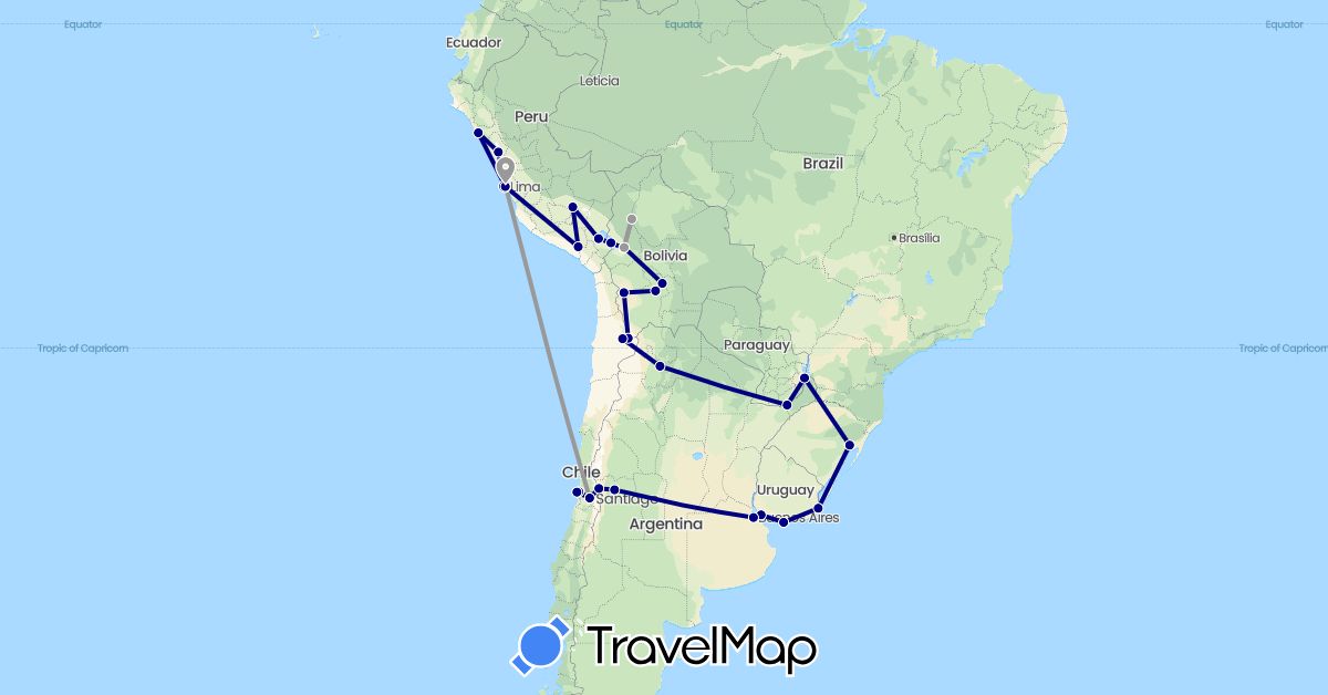 TravelMap itinerary: driving, plane in Argentina, Bolivia, Brazil, Chile, Peru, Uruguay (South America)